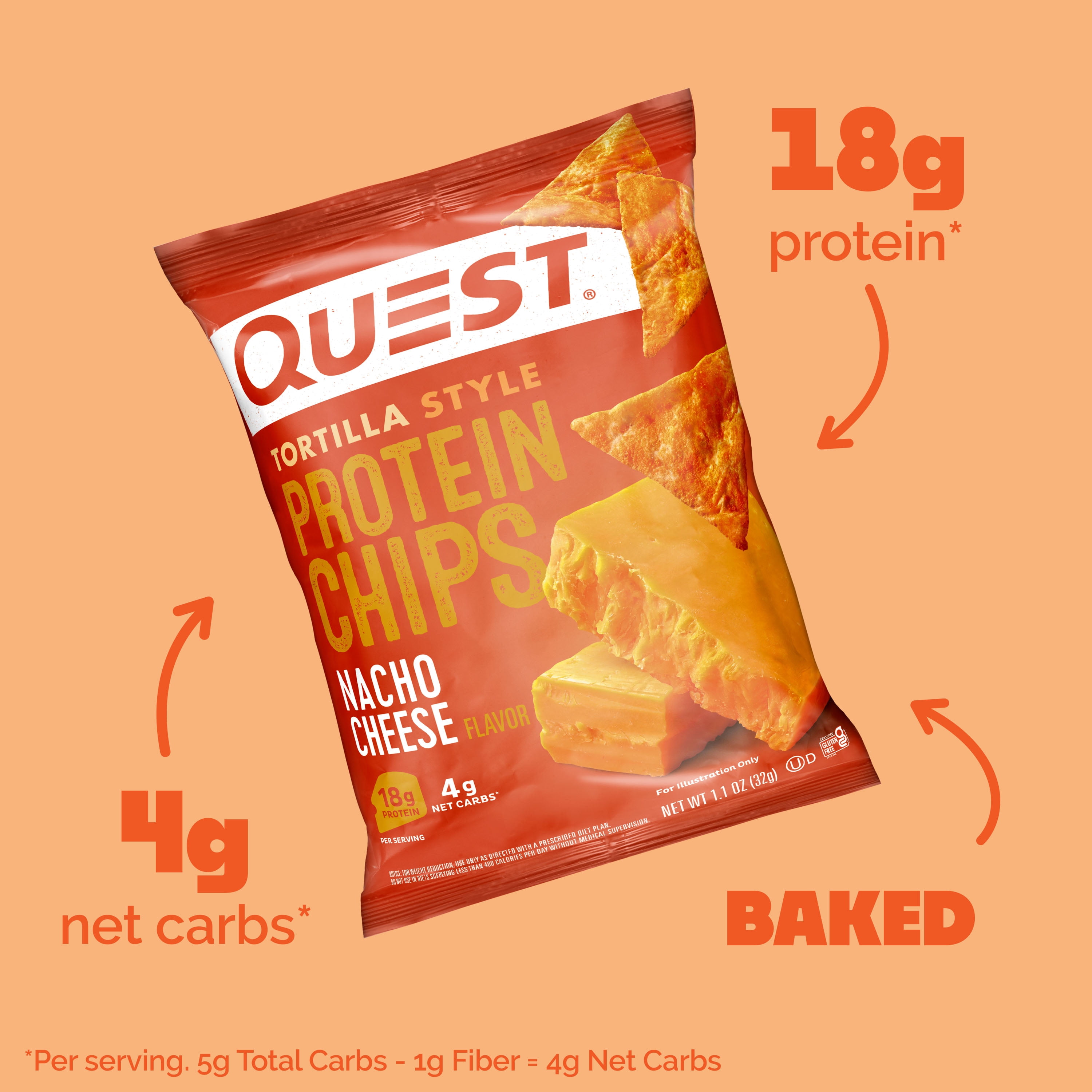 (2 pack) Quest Tortilla Style Protein Chips, Nacho Cheese, Baked, 1.1oz, 4 Count