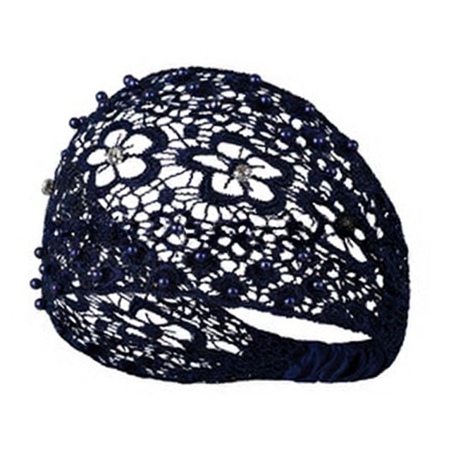 Diadema para mujer con diseño calado, bordado de encaje, flores, elástica, con perlas de imitación y brillantes incrustados. Accesorios para el cabello.