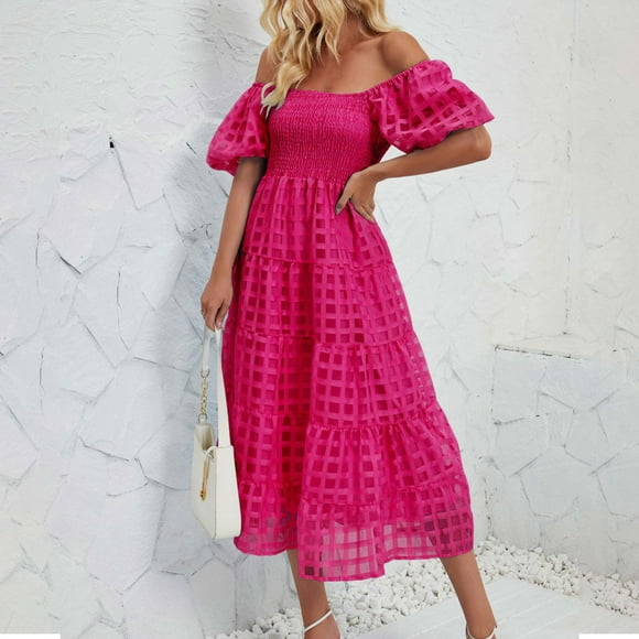 Women's Off The Shoulder Dress, Flutter Sleeve Pleated High Waist A-Line Maxi Dress for Summer