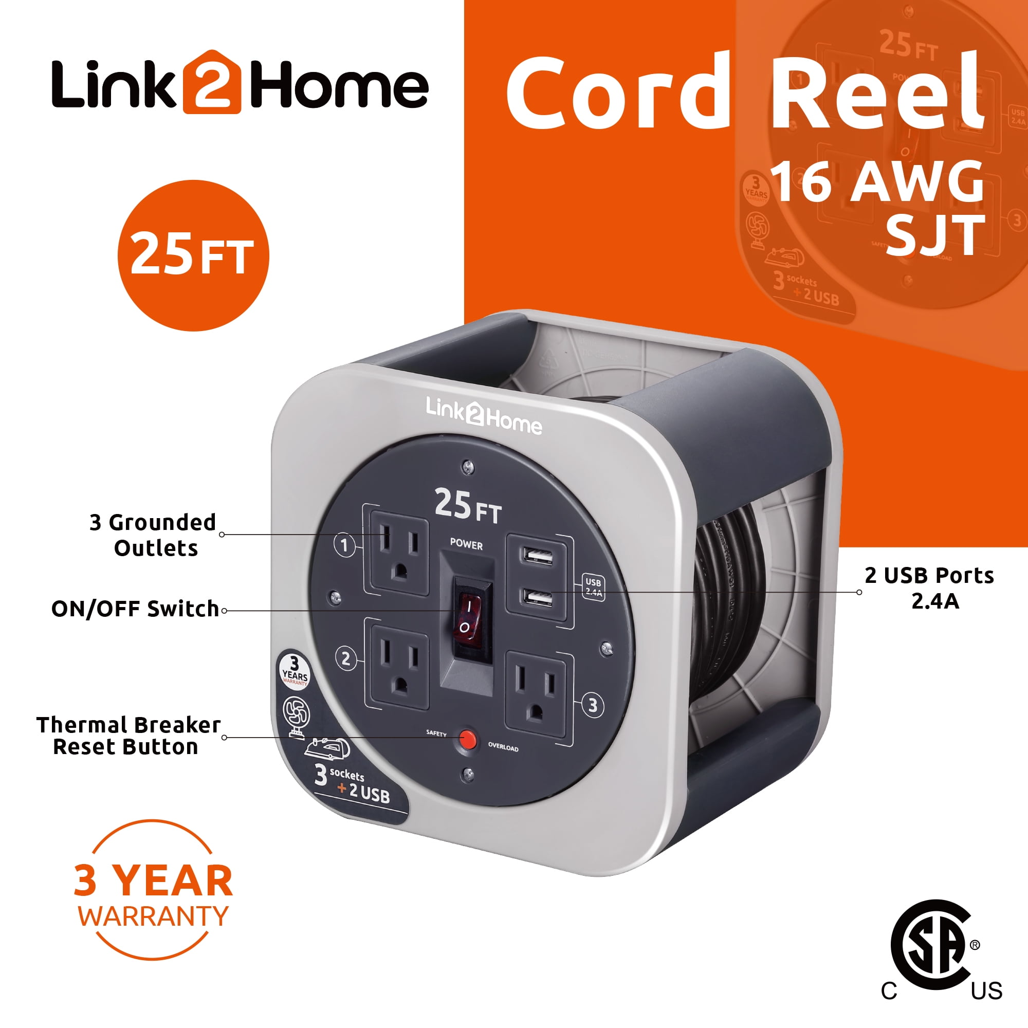 Link2Home Cord Reel 25 ft. Extension Cord 3 Power Outlets, 2 USB