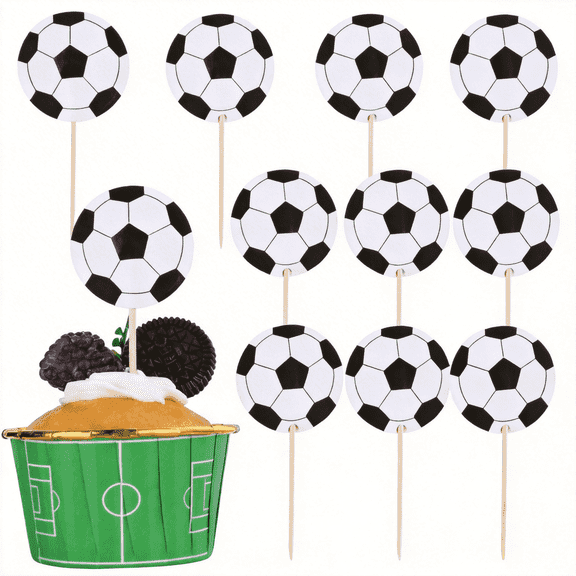 72-Piece Soccer Cupcake Toppers - Black & White Football Cake Picks for Kids Birthday, Sports Theme Party Supplies, Baby Shower & Game Day Decorations