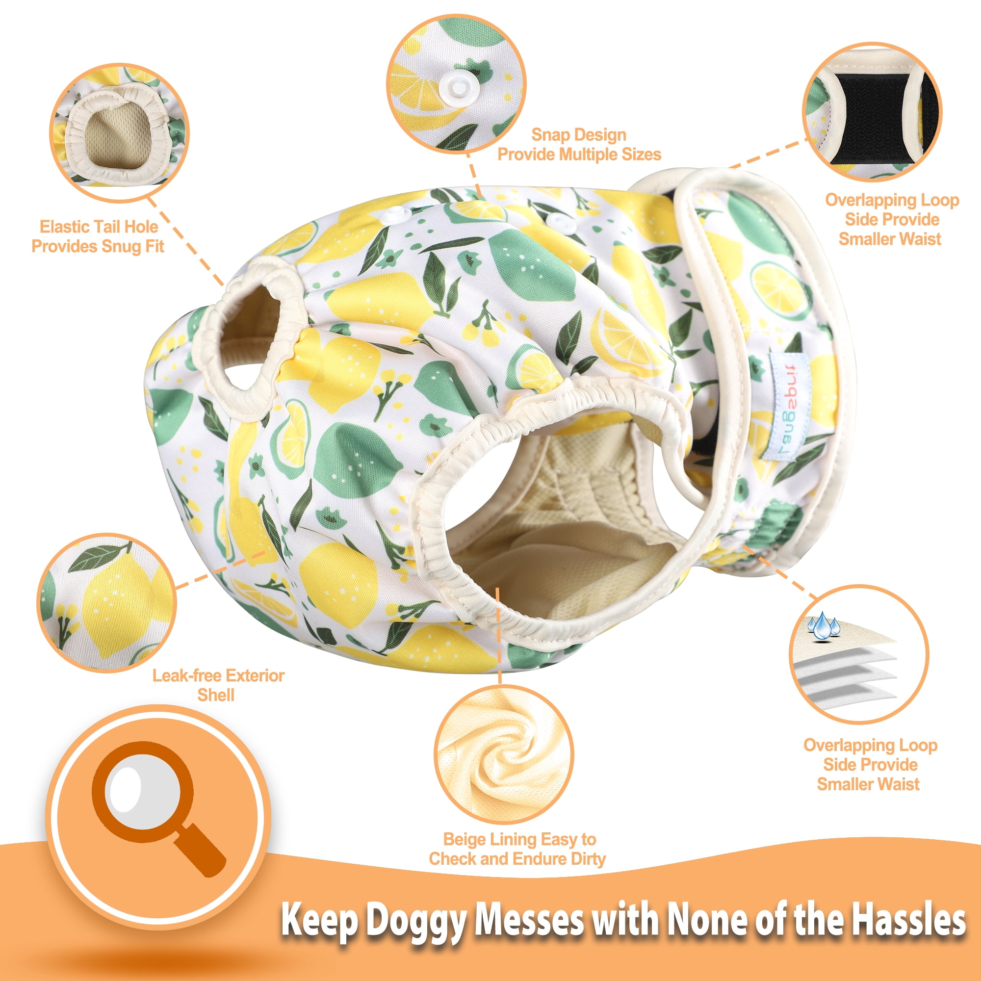 Langsprit Washable Female Dog Diapers (5 Pack) - No Leak Reusable Diapers for Doggy Female in Period - Highly Absorbent Dog Heat Panties with Adjustable Snaps,Fruit,M