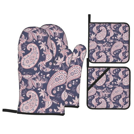 

Oven Mitts and Pot Holders Sets 4 pcs Pink Purple Paisley Non-Slip Oven Gloves Potholders Soft Quilted Lining Heat Resistant Gloves Hot Pads for Kitchen Cooking Baking