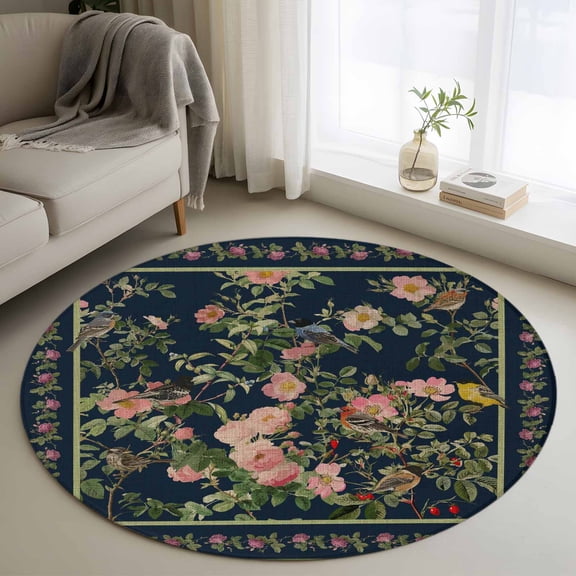 Round Area Rug 3 Ft, Black Flowers Washable Non-Slip Circle Carpet for Living Room/Bedroom, Spring Floral Elegant Pastoral Vintage Low-Profile Small Floor Mats Collection Rugs for Indoor