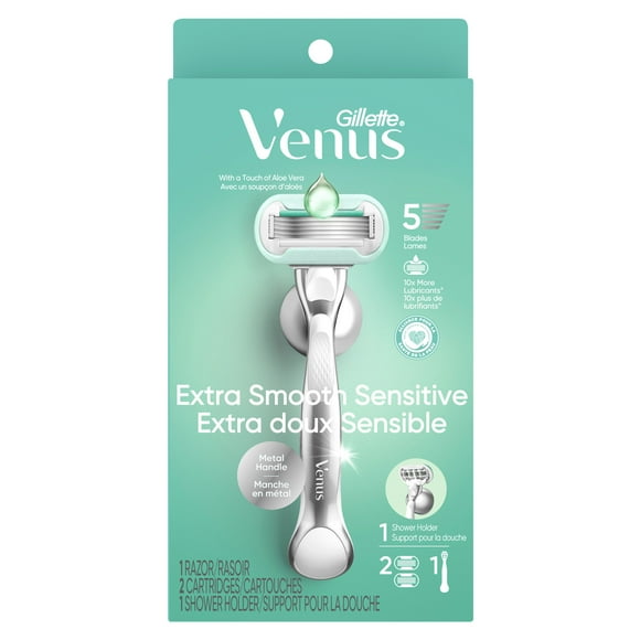 Rasoir Venus Extra doux Sensible pour femmes avec manche de rasoir réutilisable, 2cartouches de rechange et un support pour la douche 1CT