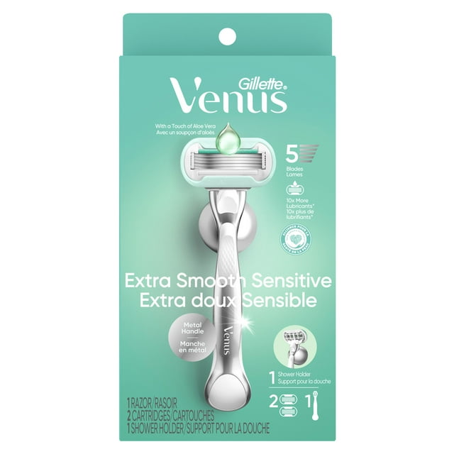 Venus Extra Smooth Sensitive Women's Razor with Reusable Razor Handle, 2 Razor Blade Refills and Shower Holder