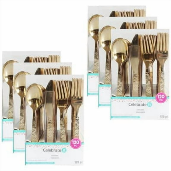 6 Packs: 120 ct. (720 total) Gold Hammered Plastic Cutlery Set by Celebrate It™