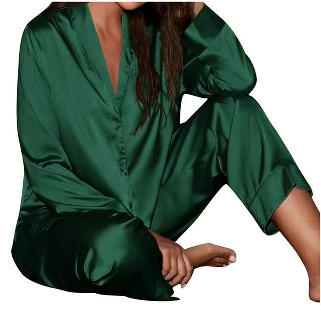 Fvwitlyh Ensembles de Pyjama Doux pour Femmes Simple et Élégant Combinaison à Manches Longues pour Femmes Confortable et Extensible pour Toutes les Saisons Vert,P