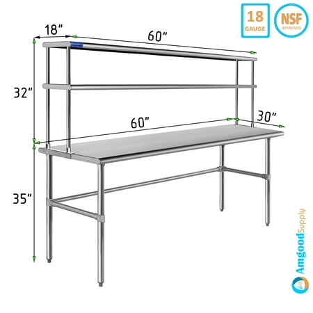 

30 x 60 Stainless Steel Open Base Table With 18 Wide Double Tier Overshelf | Metal Kitchen Prep Table & Shelving Combo