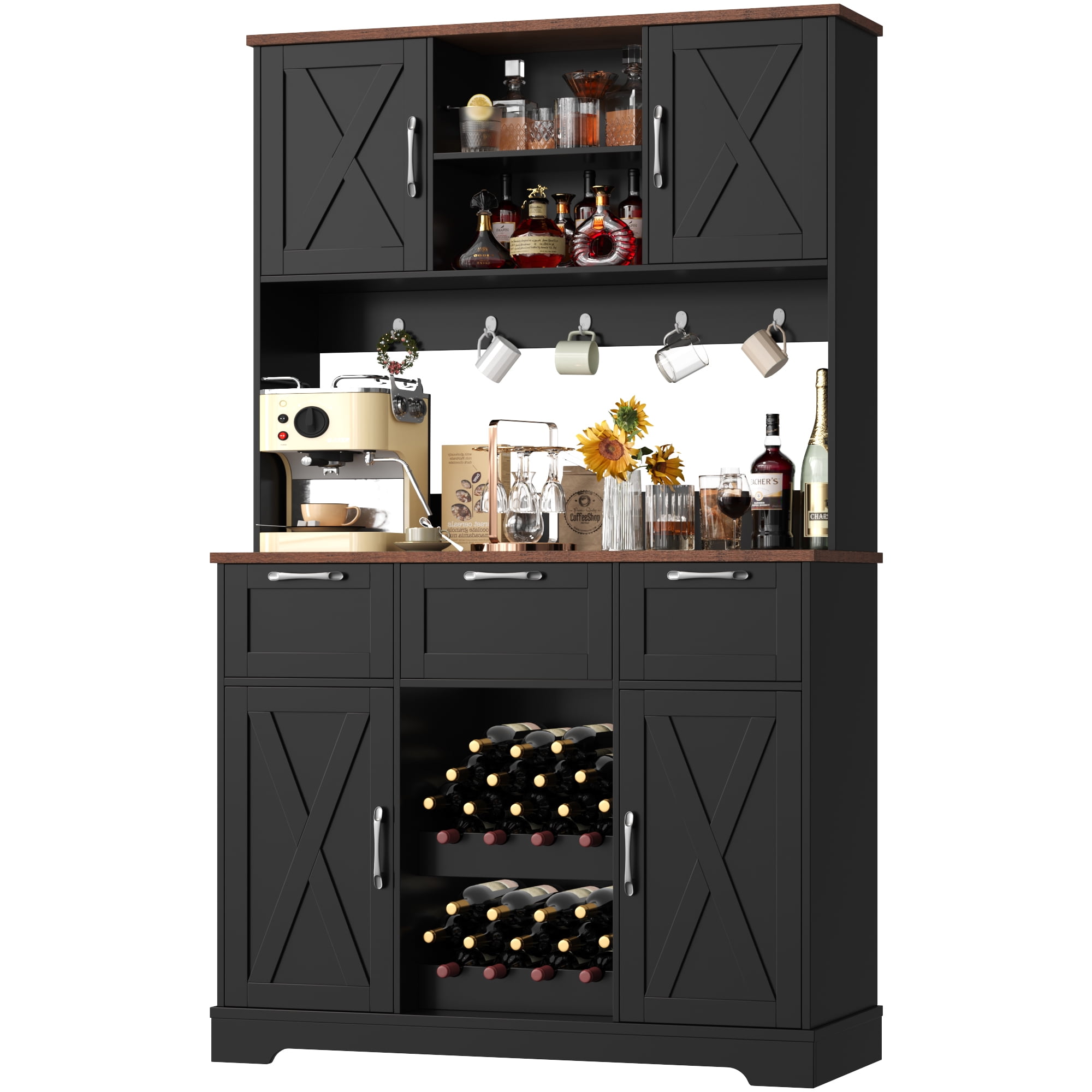 Homfa 71'' Tall Wine Bar Cabinet with Storage Hutch & 3 Drawers, Farmhouse Coffee Bar Cabinet Wine Rack with Adjustable Shelves for Kitchen Dining Room, Black