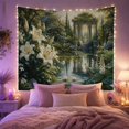 thumbnail image 2 of White Lilies Beside a Garden Pond and Stone Gazebo, Serene Illustration for Flower Lovers, Botanical Wall Art, Mother'S Day Gift, Tapestry Wall Hanging for Bedroom and Studio, 2 of 7