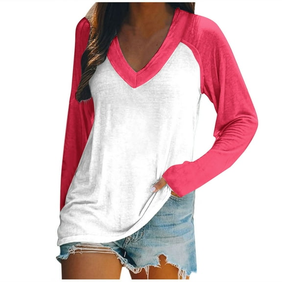 Honeeladyy Womens V Neck Sweatshirt Fall Solid Color Soft Pullover Shirts Long Sleeve Loose Tunic Tops Christmas Gifts for Girlfriend Hot Pink XXL