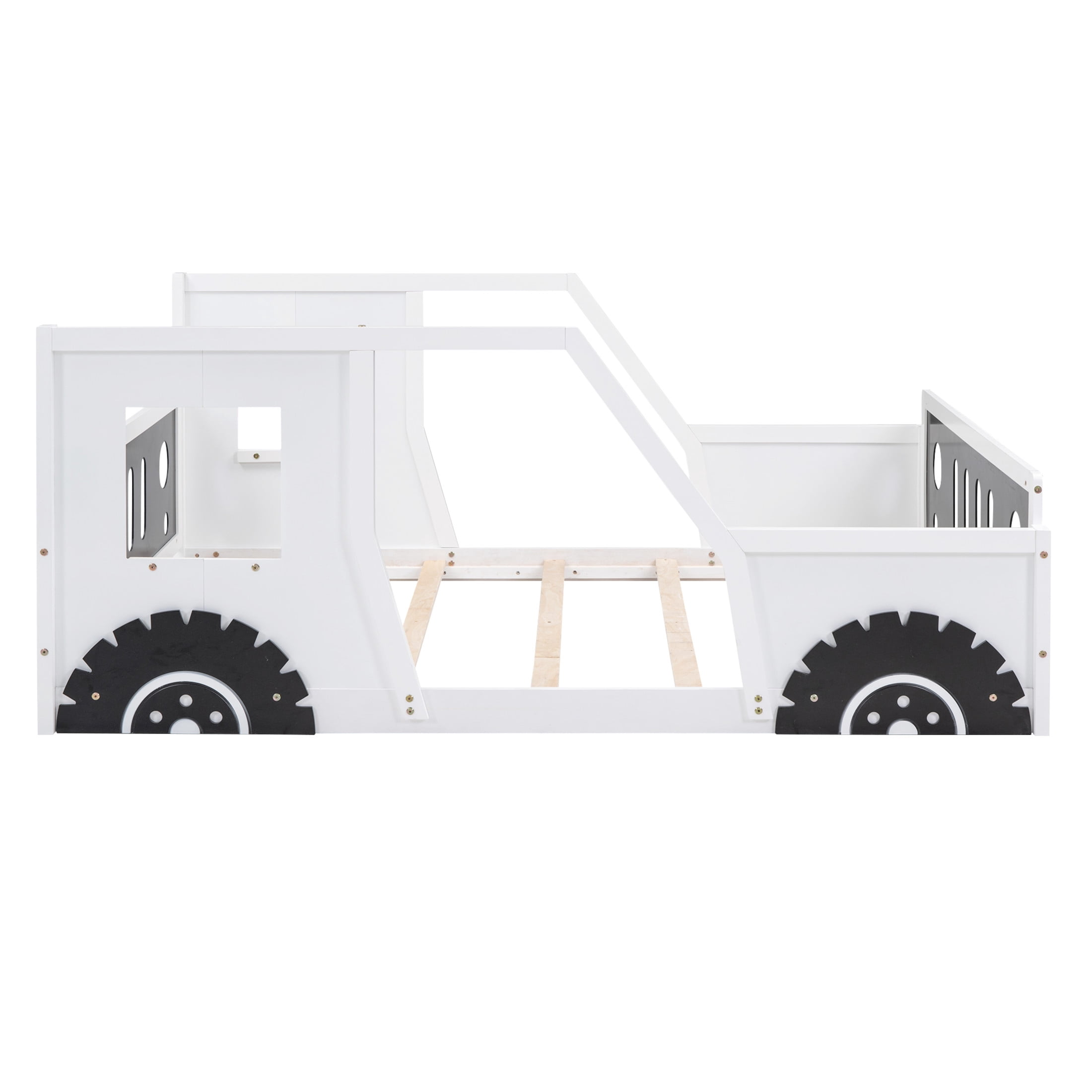 Noble House Full Classic Car-Shaped Platform Bed, Playful Pine Wood Frame with Doors and Wheels, White