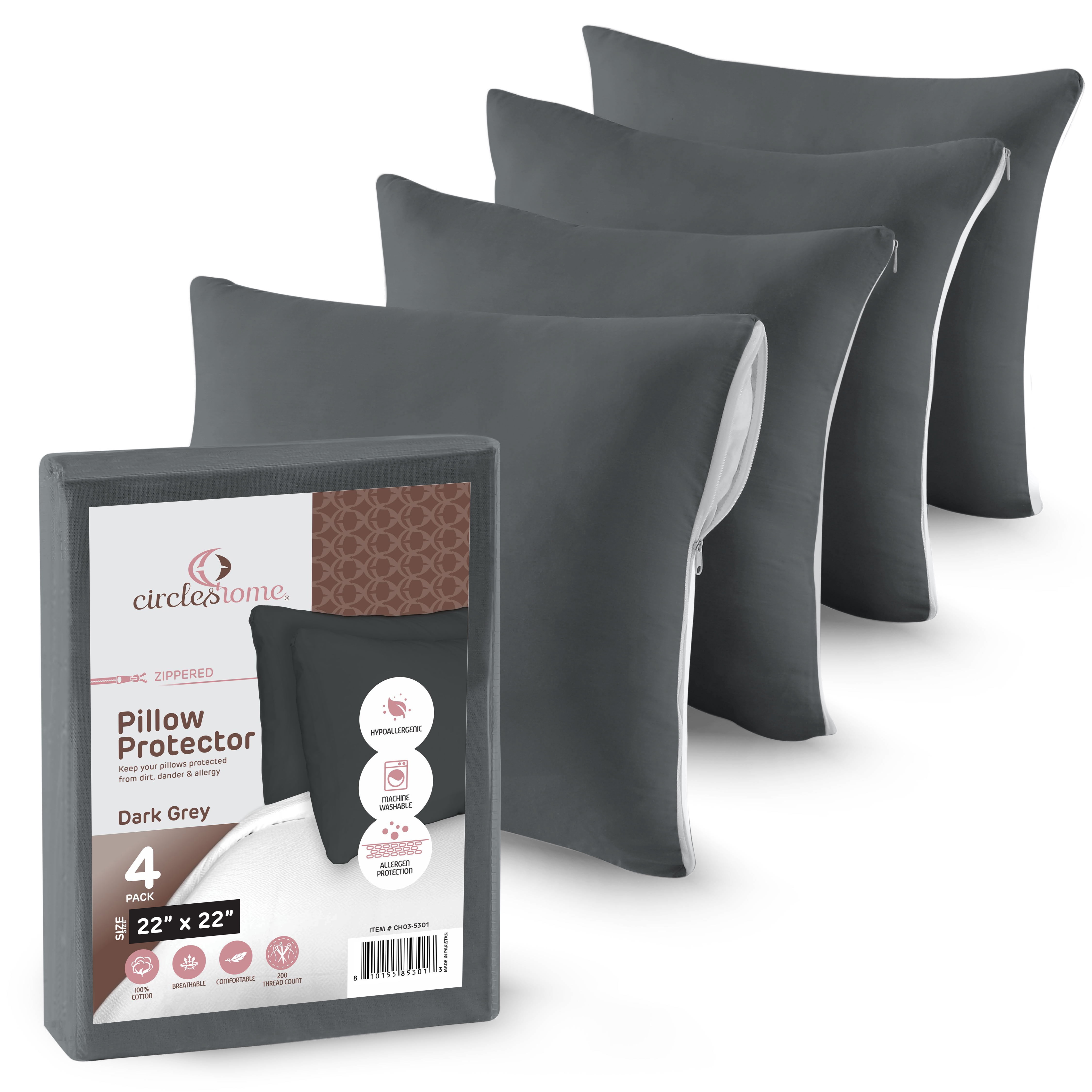 CIRCLESHOME Throw Pillow Protectors - 100% Cotton Breathable Pillowcases - 22 X 22 Square Pillowcases - Protects Pillows from Dirt, Dust and Debris (Square Pillow - 4 Pack- 22x22)