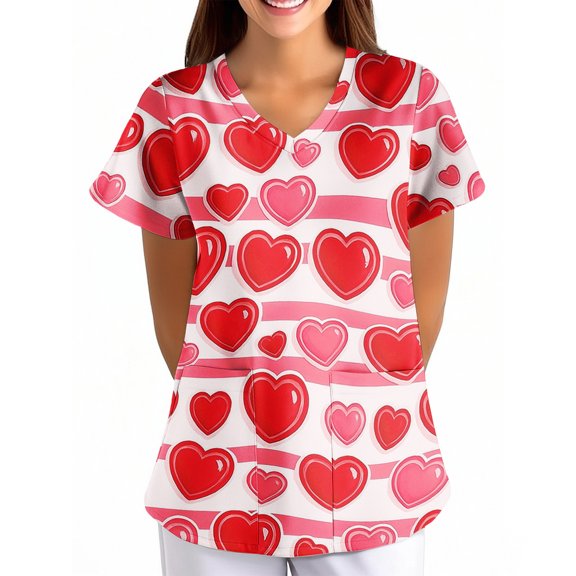 Valentine's Day Scrubs Top for Women Cute Heart Print Short Sleeve Nurse Working Uniforms Valentine's Day Cartoon Pattern Scrub Tops with Pockets