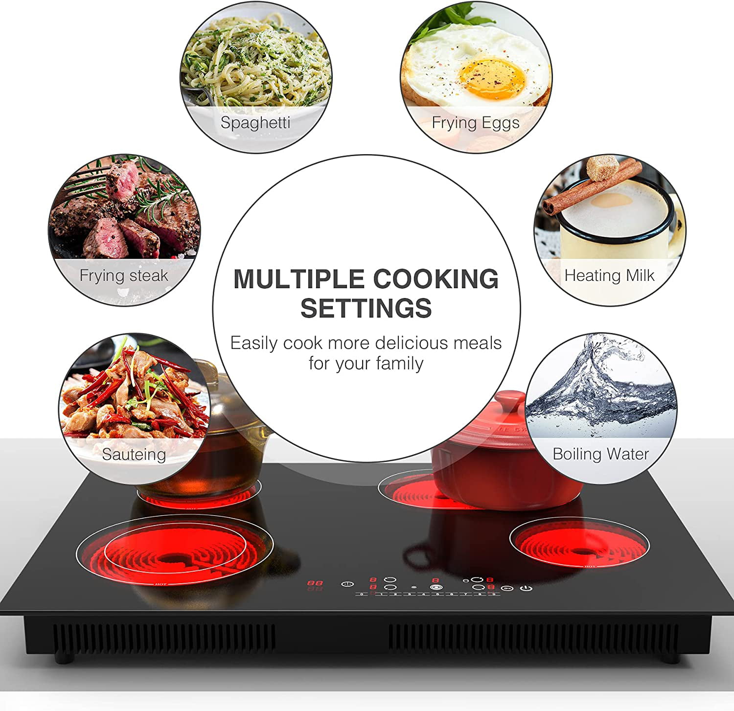 Electric Cooktop 30 inch, Electric Stove Top 4 Burner 7200W, POTFYA Build-in Electric Ceramic Cooktop for Cooking, 220-240V, Knob Control,No Plug