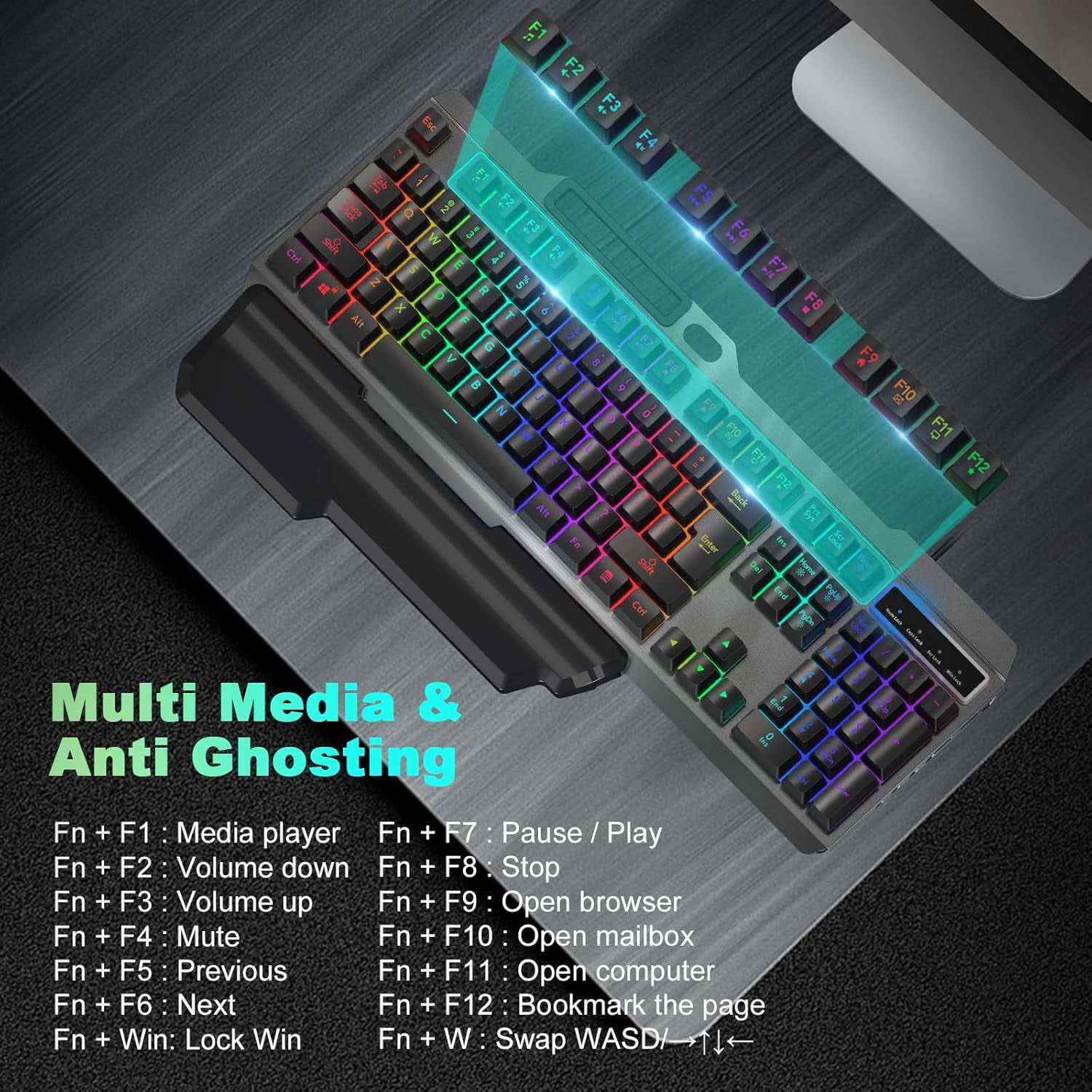 RaceGT Wired Gaming Keyboard, Colorful LED Backlit Anti-ghosting Computer Keyboard with Wrist Rest, Spill-Resistant Design, Multimedia Keys, Quiet Ergonomic Keyboard for Windows Laptop PC Mac
