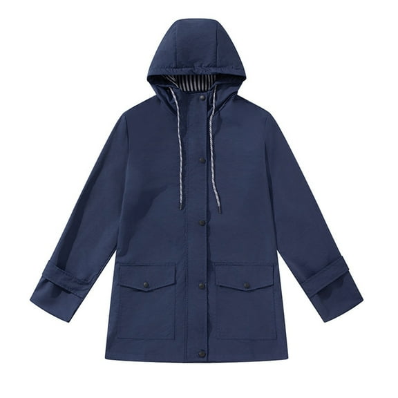 Women's Anorak Windbreaker Jacket Casual Solid Color Striped Outdoor Windproof Hooded Coat With Adjustable Pockets