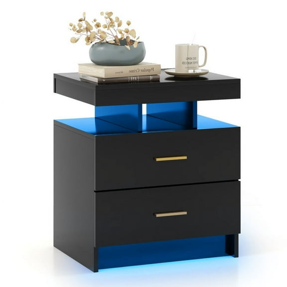 Resenkos Nightstand with 2 Drawers and Remote Control LED Light, Black