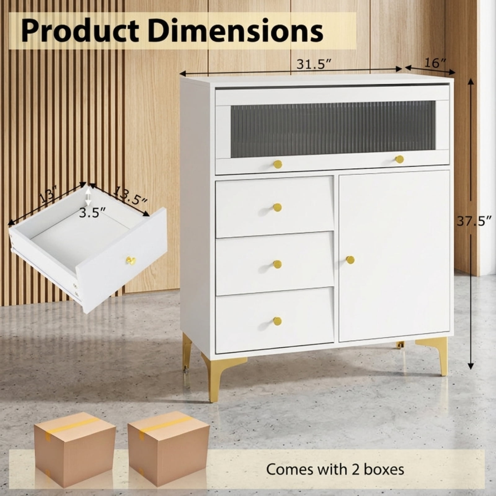 Furnibear Chest of Drawers with Flip Up Fluted Glass Door 3 Drawer Storage Cabinet Dresser for Bedroom Living Room Kitchen, Gray
