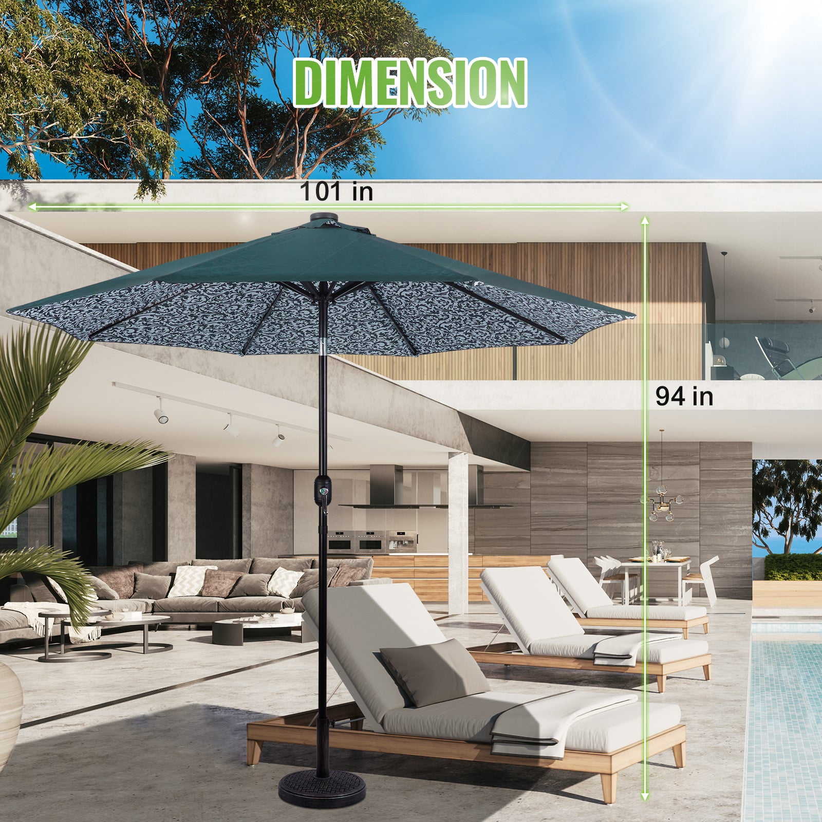 Backyard Expressions 9ft Solar Patio Umbrella with 32 LED Lights – Outdoor Market Umbrella with Tilt & Crank, Solar-Powered Lighting, Water-Resistant Fabric for Patio, Deck, Garden, Pool