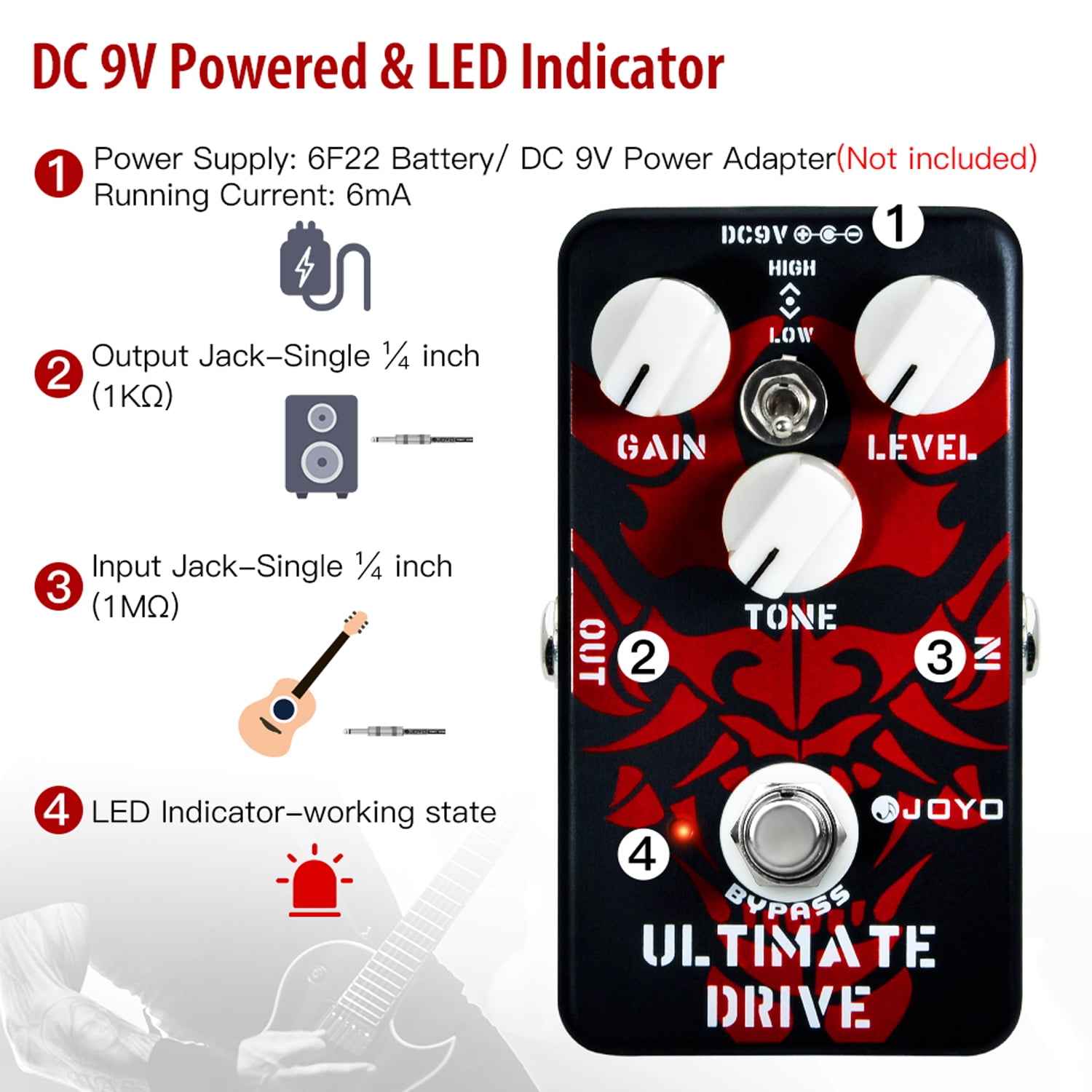 JOYO JF-02 Ultimate Drive Overdrive Distortion Effect Pedal TrueBypass for Electric Guitar