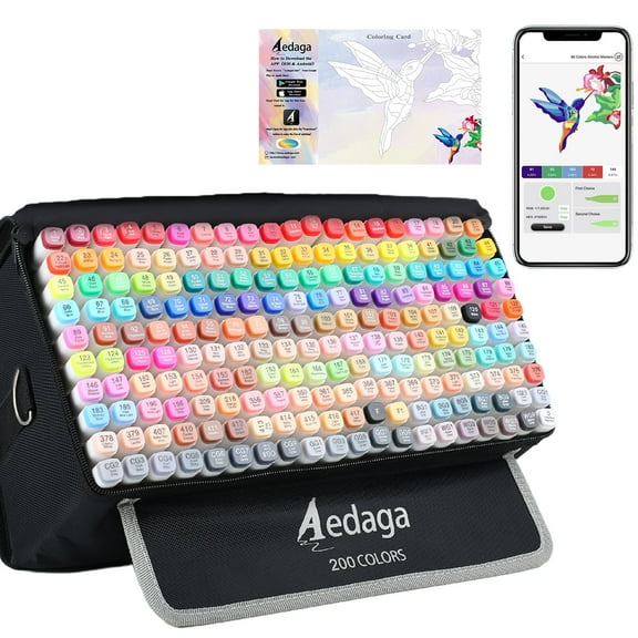 AEDAGA 200 Colors Alcohol Markers with Free App, Dual Tip Art Markers with Kickstand Case for Artists Adults and Kids. Alcohol Based Markers for Coloring Painting Sketching and Drawing