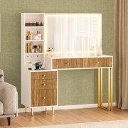 44 Inch Vanity Desk with 32'' Lighted Mirror & Charging Station, Dressing Table with Modern Fluted Design Glass Top 5 Drawers, 3 Shelves Makeup Vanity Set for Bedroom Dressing Room(White)