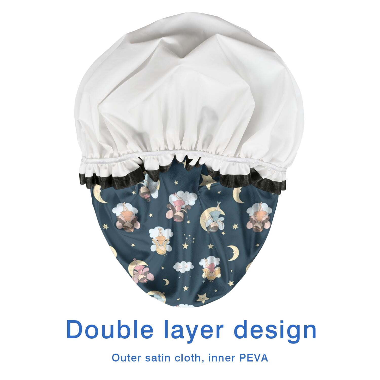 Shower Caps,Dark Blue Star Fairy Pattern Waterproof Shower Cap for Women 4 Pieces,Double Reusable Hair Cover for Shower PEVA Elastic Stretch Hem