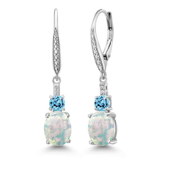 Gem Stone King 2.74 Cttw White Opal Swiss Blue Topaz and Lab Grown Diamond Dangle Earrings for Women | 925 Sterling Silver | Oval Cabochon 9X7MM | Fine Jewelry Gifts for Women Mom Wife Her