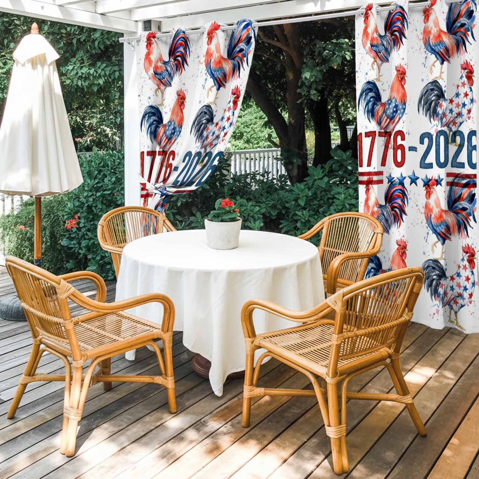 Independence Day Outdoor Curtains for Patio, Watercolor Red Blue America Flag Rooster Sunshade Privacy Drapes Grommet Waterproof Outside Curtains for Porch/Cabana/Balcony 54"x 108", 1 Panel