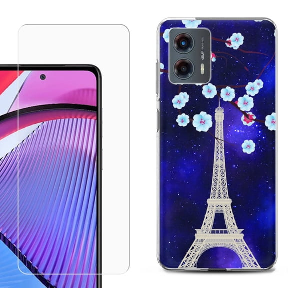 OneToughShield ® Compatible with Motorola Moto G 5G 2023, Shockproof Phone Case, with Tempered Glass Screen Protector - Eiffel Tower Stars