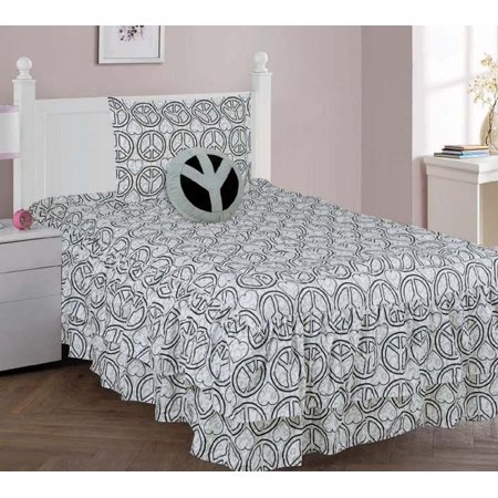 4 Piece Twin Peace Double Ruffle Kids Comforter Bedding Set