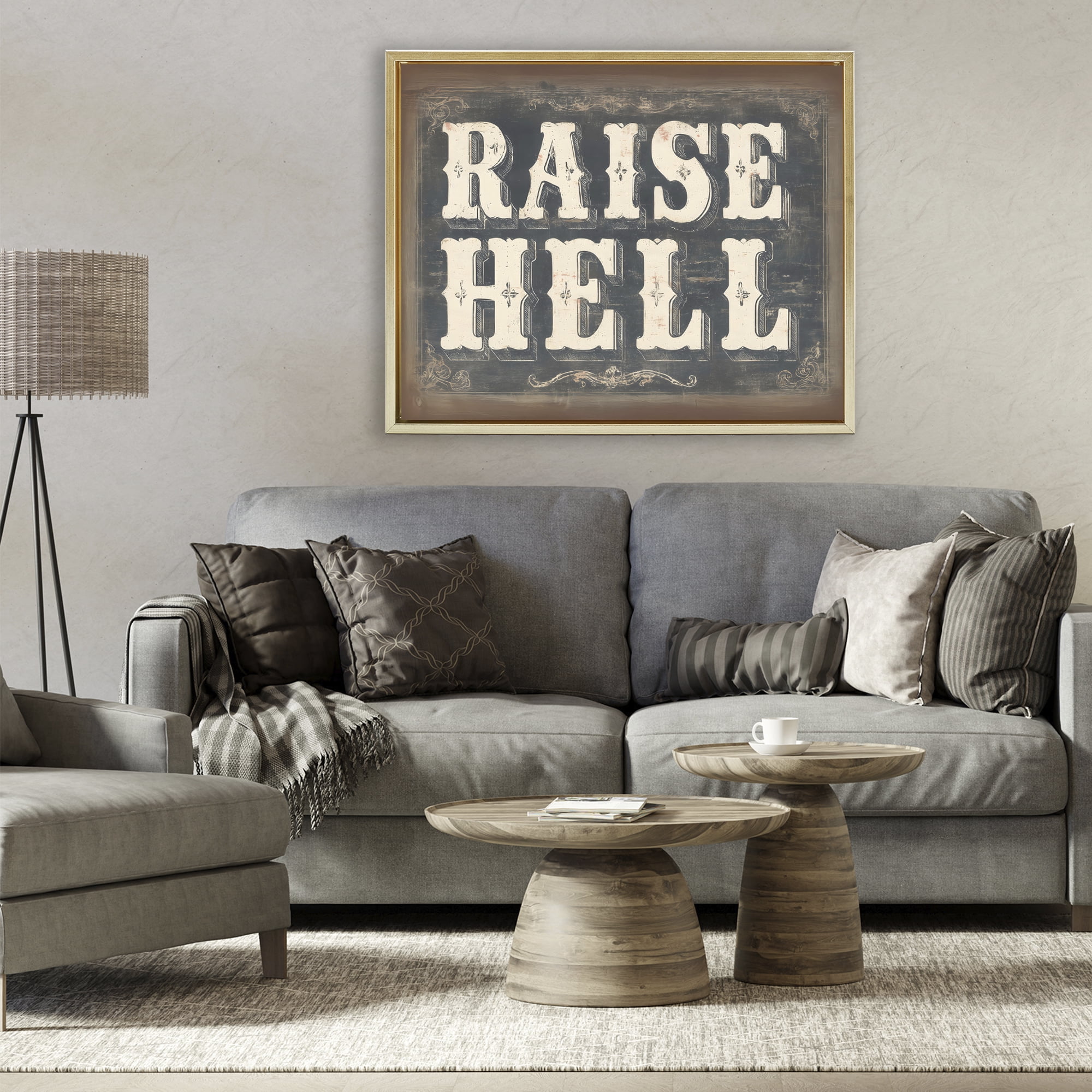 Stupell Industries Raise Hell Vintage Western Gold Framed Floater Canvas Wall Art, design by Arlington Prints