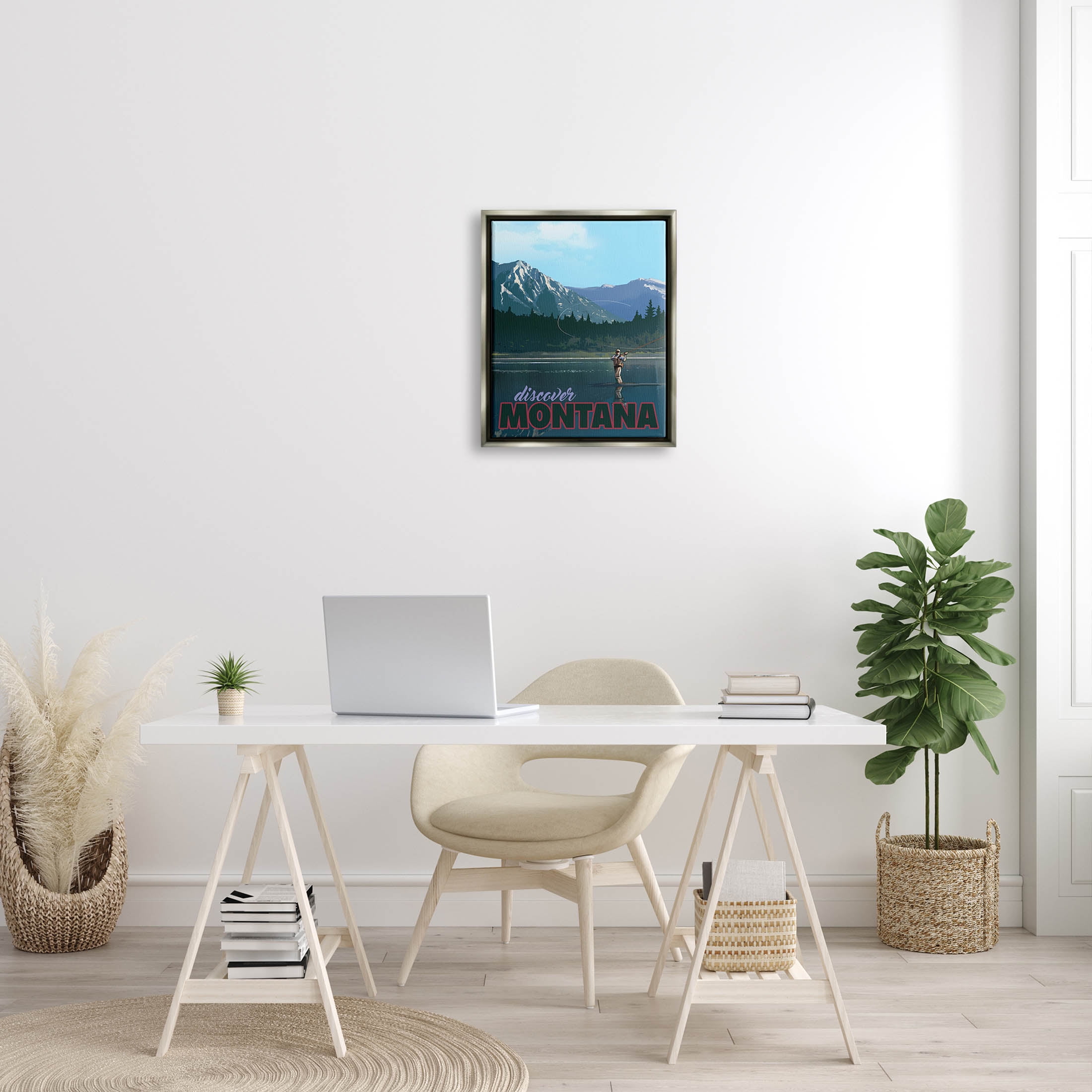 Discover Montana Lake Fishing Scene Landscape Graphic Art Luster Gray Framed Art Print Wall Art