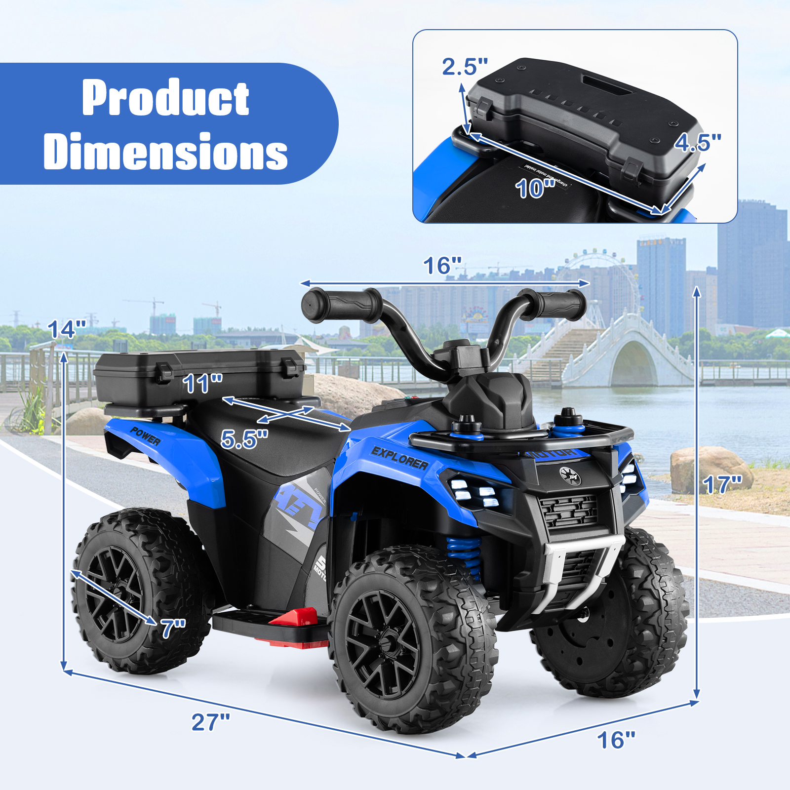 Costway 6V Toddler Ride On Electric Car ATV with Lights & Music & USB Port Storage Box Toy Car Navy