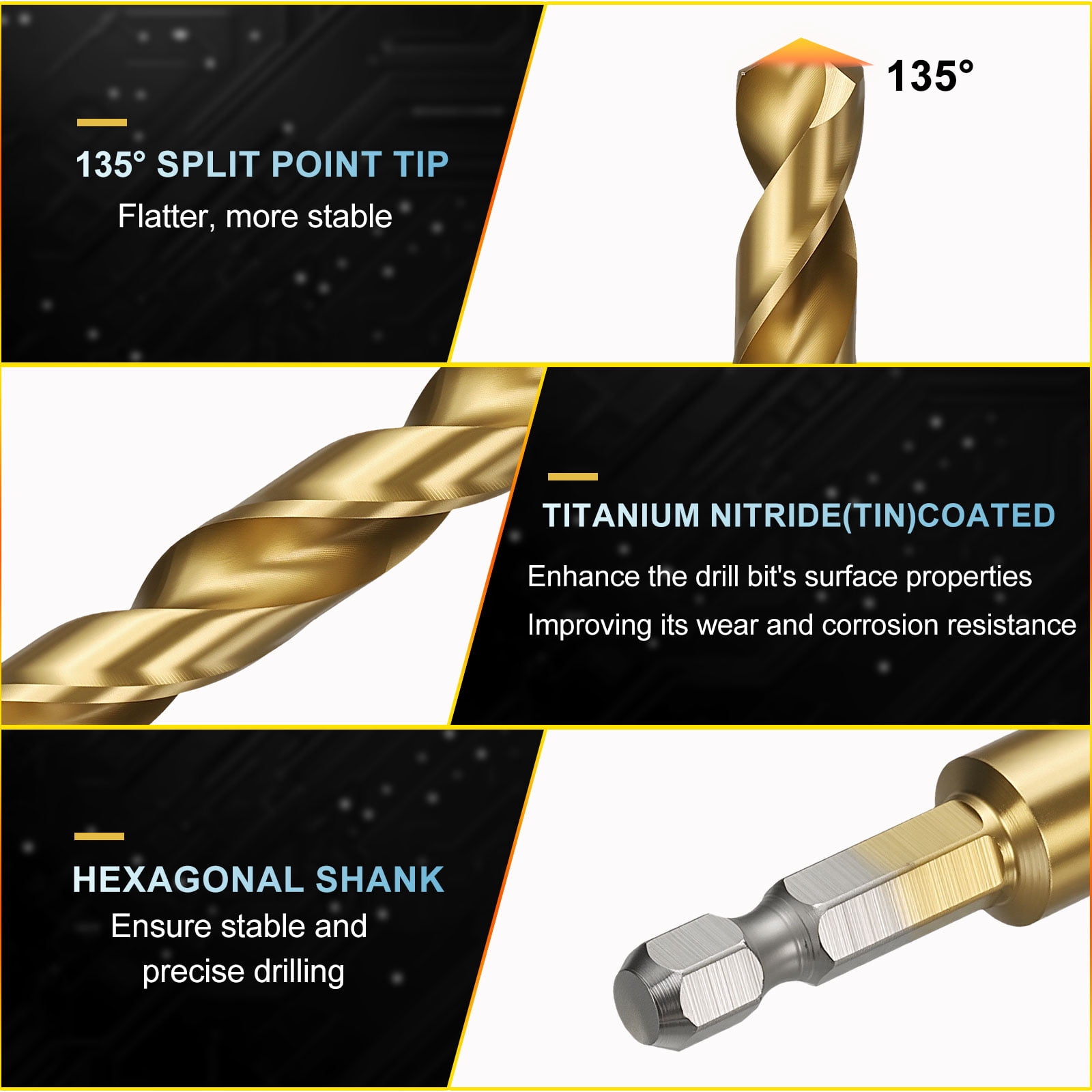 Uxcell 12.5mm Hex Shank Drill Bit, M2 High-Speed Steel Bits Quick Change Design for Impact Driver 135° Titanium Nitride TiN Coated for Stainless Steel Hard Metal - 2 Pack