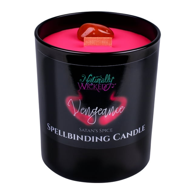 Naturally Wicked Spellbinding Vengeance Candle – Carnelian Crystal embedded in blood-red wax with a crackling wooden wick. Housed in a sleek black jar with vibrant branding, scented with Satan’s Spice. Includes a luxury steel lid and shimmering gift box, ideal for home décor or gifting.