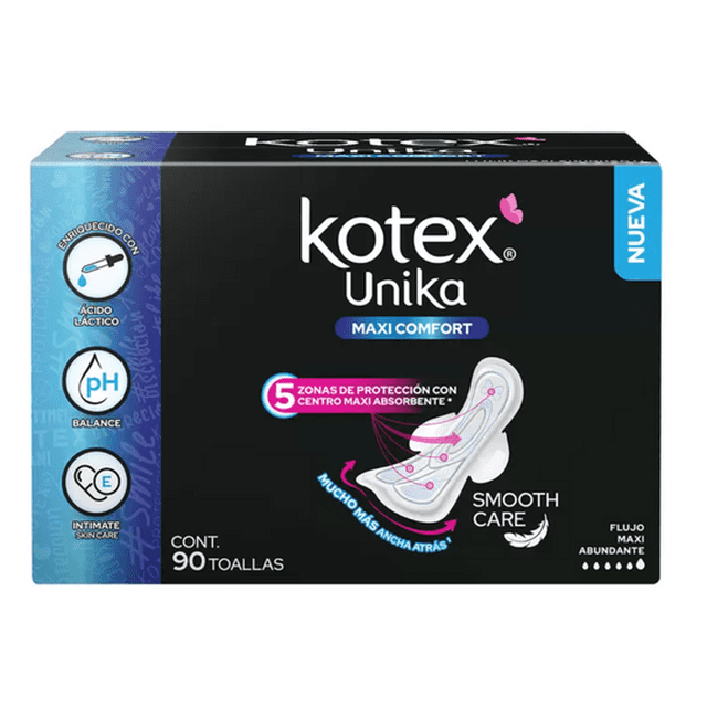 Toallas Femeninas Kotex Unika Maxi Comfort 90 Pzs Abundante