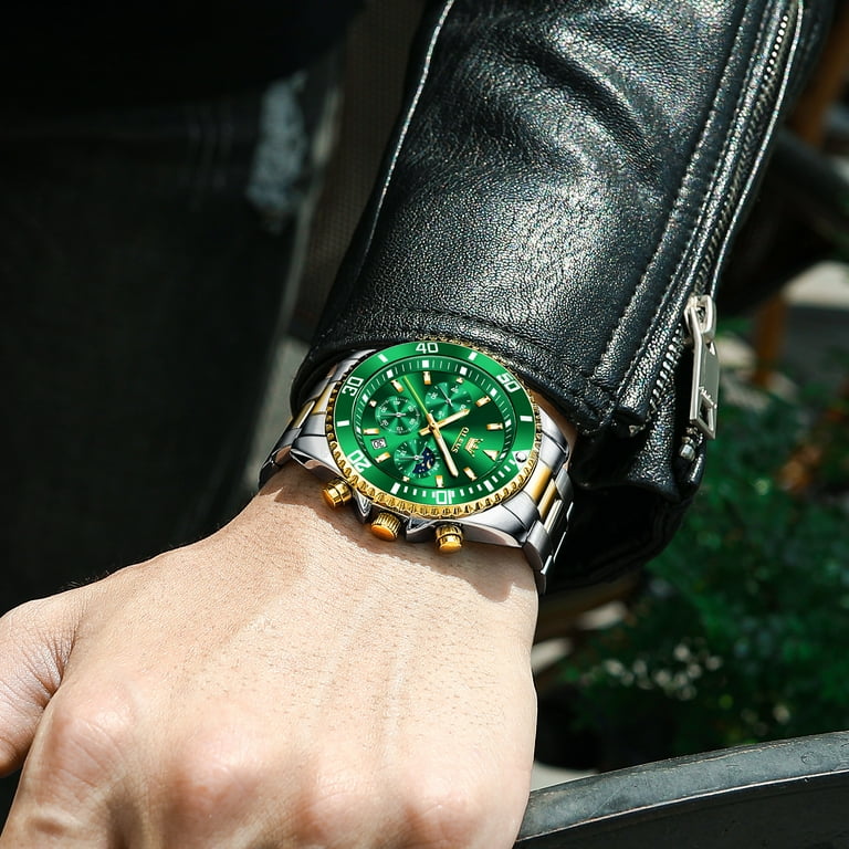 OLEVS Chronograph Watches for Men Green Dial 42.5mm Outdoor Watch Green Dial Gold Silver Tone Stainless Steel Waterproof Mens Watch 2870