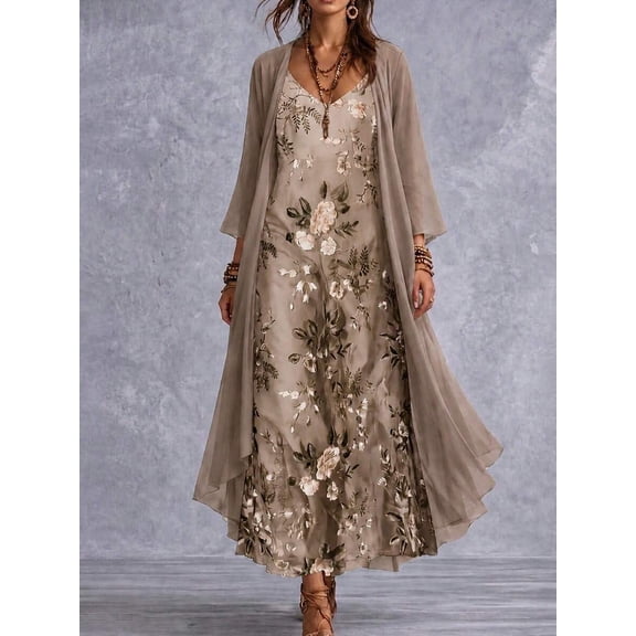 Khaki / Plus Size Women's Elegant Floral Print Sleeveless V-Neck Dress