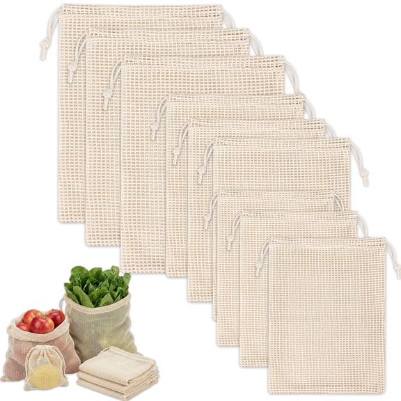 Organic Cotton Mesh Produce Bags, 9-Piece Set Reusable Grocery Bags for Fruits, Vegetables, Potatoes, Onions (3S/3M/3L)