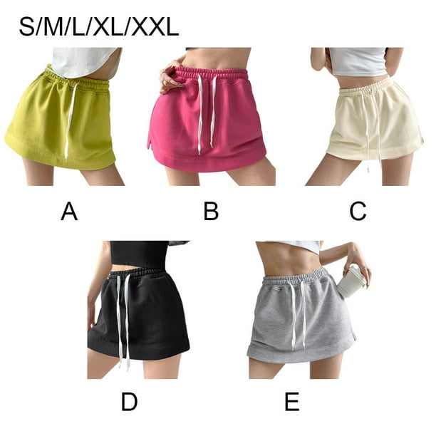 Women Shorts Skirts Dress Solid Casual Drawstring Mini All-Match Female  Mini A-line Fashion High-Waist Summer Korean Style for Sports Fruit Green L  