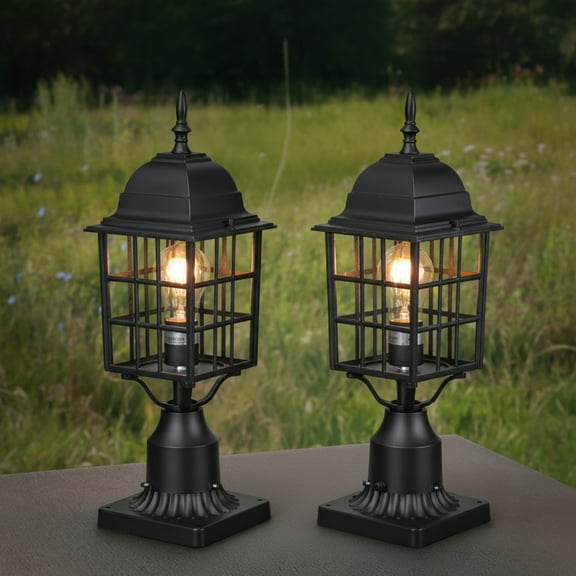 2 Pack Dusk to Dawn Outdoor Post Lantern, 17 Inch Grid Pillar Light with Pier Mount Base, E26 Base, Black