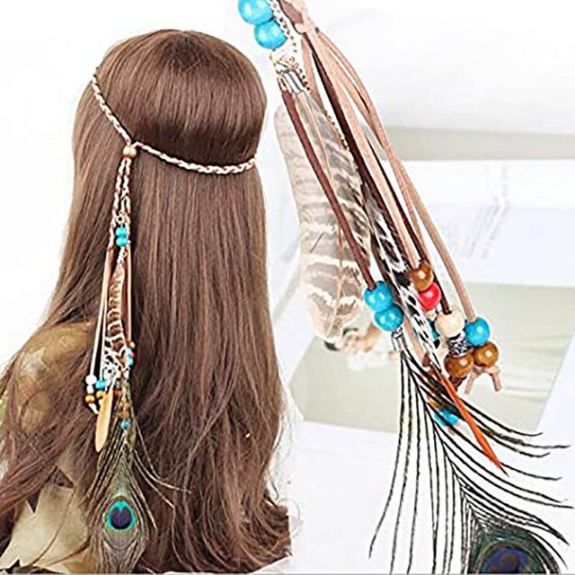 Diademas de plumas de pavo real indio, cadena de cabeza de princesa bohemia, tocado ajustable, cuerda hecha a mano, accesorios para el cabello para mujeres y niñas TUNC Sencillez