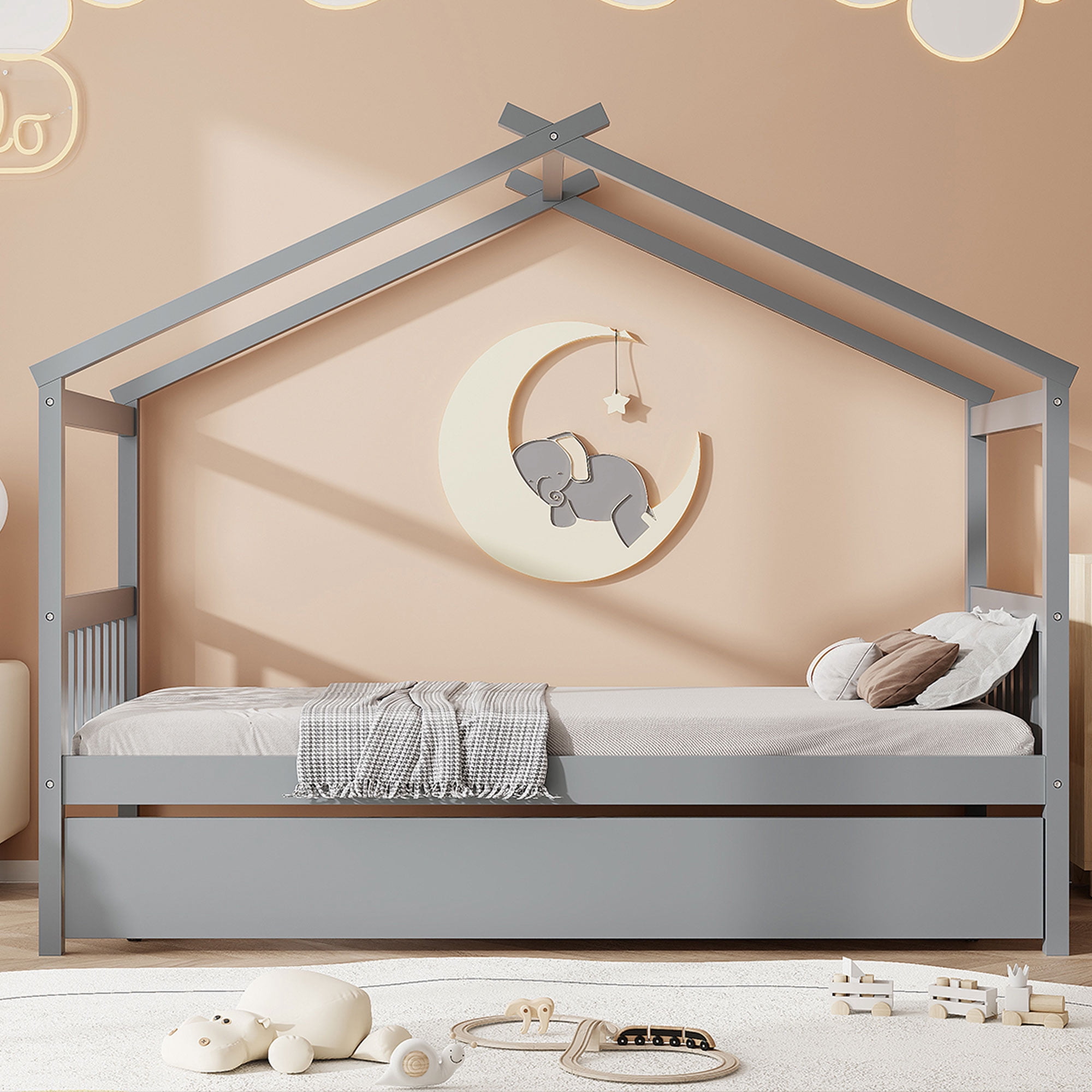 Sailvan Twin Size Wooden House Bed with Twin Size Trundle