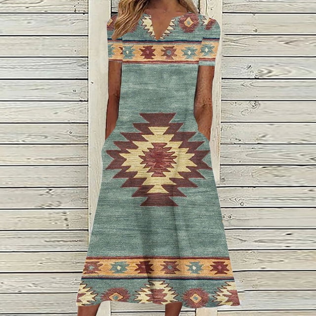 Robes pour Femmes 2024 Été Surdimensionné Décontracté Manches Courtes Col en V Robe Imprimée Robe Ample 50 % de Réduction!