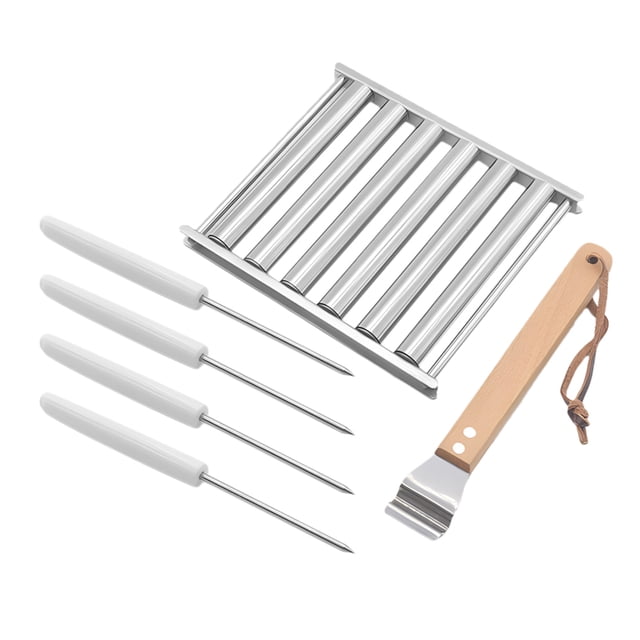TABLZONE Hot Dog Rack with Stainless Steel and Wooden Handle for Outdoor BBQ Even Heating Design Multi Color 1 Set