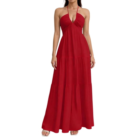 Women’s Halter Maxi Dress, Summer Backless Deep V Neck A-Line, Flowy Beach Vacation Sundress with Tie Back