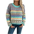 thumbnail image 2 of Qetyuw Womens Colorful Striped Sweater Crochet Knitted Long Sleeve Pullover Jumpers Crew Neck Loose Fit Sweaters, 2 of 7